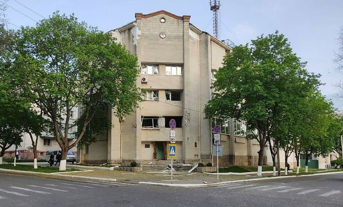 Het beschadigde gebouw van het ministerie van Openbare Veiligheid in Tiraspol.