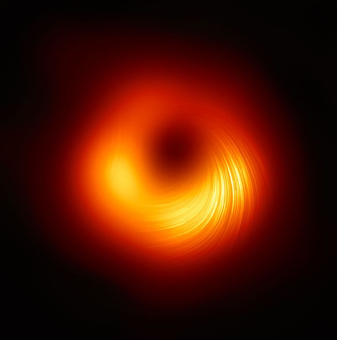 Het gepolariseerde zicht op het zwarte gat in het Messier 87 (M87) sterrenstelsel.