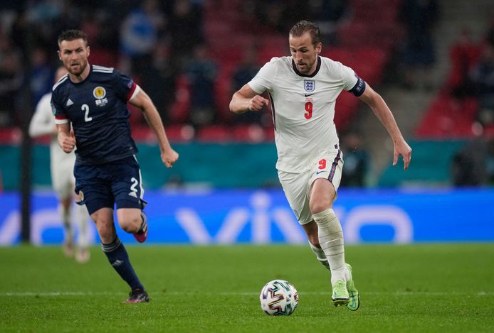 Harry Kane tijdens het duel met Schotland.