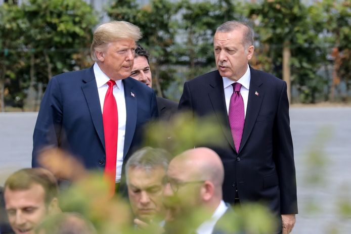 De Amerikaanse president Donald Trump samen met de Turkse president Tayyip Erdogan in Brussel in juli vorig jaar.