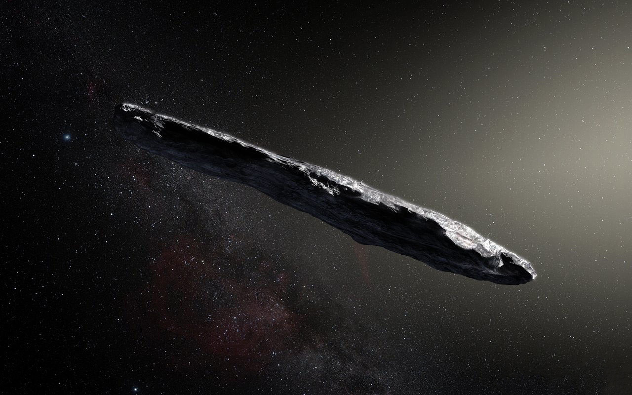 Een artist impression van Oumuamua op basis van de ontdekking in 2017.
