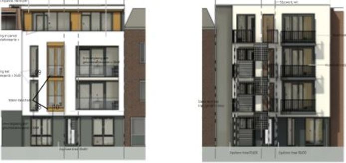 De toekomstige voor- en achtergevel van het nieuwe appartementengebouw aan de Spoorlaan.