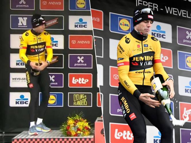 KIJK. Niet álles lukte: Wout van Aert beleeft ongelukje met champagnefles op podium