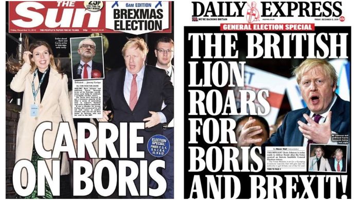 'De Britse leeuw brult voor Boris en brexit', aldus de Daily Express, terwijl de Sun een seksuele toespeling maakt op Boris partner met de tekst 'Ga zo door, Boris'.