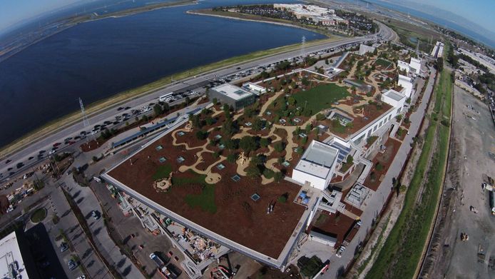 Het nieuwe kantoor van Facebook in Menlo Park is ontworpen door architect Frank Gehry. Op het dak een park van bijna een halve kilometer lengte.