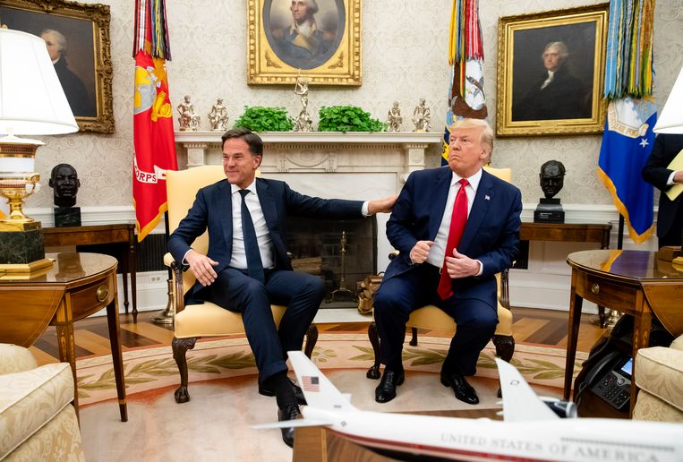 Het bezoek van premier Rutte aan Donald Trump in 2019 werd wereldnieuws toen hij tijdens een persmoment dwars door de president heen sprak. Rutte was het niet eens met wat de president zei over wat er onderling was besproken. Beeld ANP