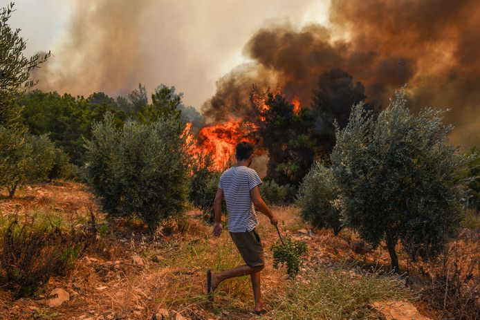 Un uomo cammina verso un incendio boschivo nel villaggio di Kakarlar vicino alla città costiera turca di Manavgat oggi.