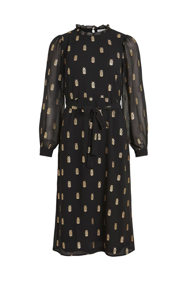 Semi-transparante jurk vimonella met all over print en ceintuur zwart/goud - €39,99 Beeld VILA via Wehkamp