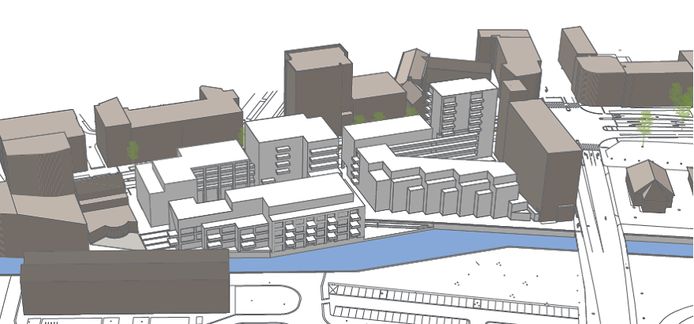 Het nieuwe complex, gezien vanaf de kant waar de Nieuwe Mark moet lopen. De Markendaalseweg loopt - op deze artist impression - aan de achterkant van het complex.