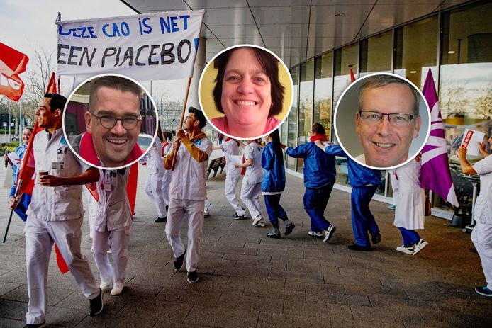 Erik Lindeboom, Ria van Beek, Pieter Bergsma (vlnr) doen mee aan de ziekenhuisstaking