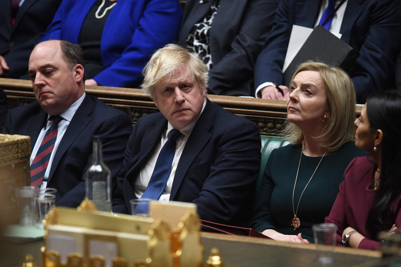 La ministre Truss, ici aux côtés du ministre Wallace et du Premier ministre Johnson, jeudi, à Londres