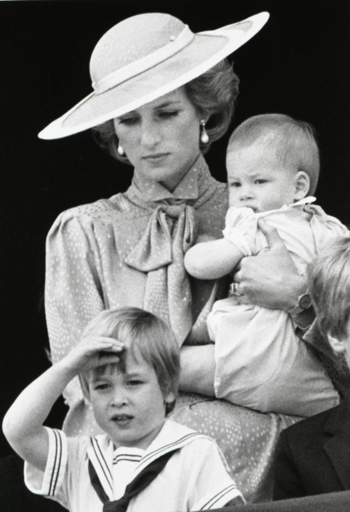 Lady Diana met Harry op haar arm en William voor haar