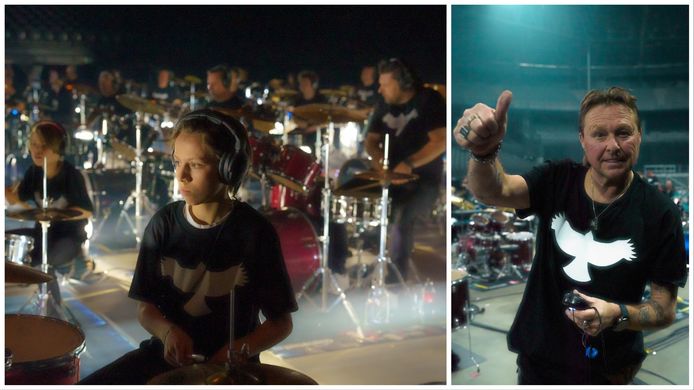 Sfeerbeeld tijdens de opnames in het Sportpaleis, met meester-drummer Gino Kesteloot (rechts)