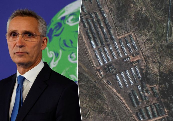 NAVO-topman Jens Stoltenberg. Rechts een beeld van 1 november van onder meer Russische tanks en gepantserde voertuigen te midden van de aanwezigheid van een grote inzet van grondtroepen aan de noordelijke rand van de stad Yelnya in Rusland.