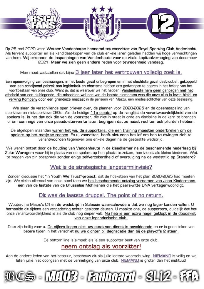 La lettera aperta dei tifosi della RSCA.