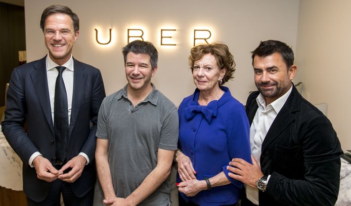 Neelie Kroes bezocht samen met premier Mark Rutte het hoofdkantoor van Uber tijdens een bezoek aan Californië. Ze ontmoetten daar Uber-topman Travis Kalanick en toplobbyist voor Europa Mark MacGann (rechts).