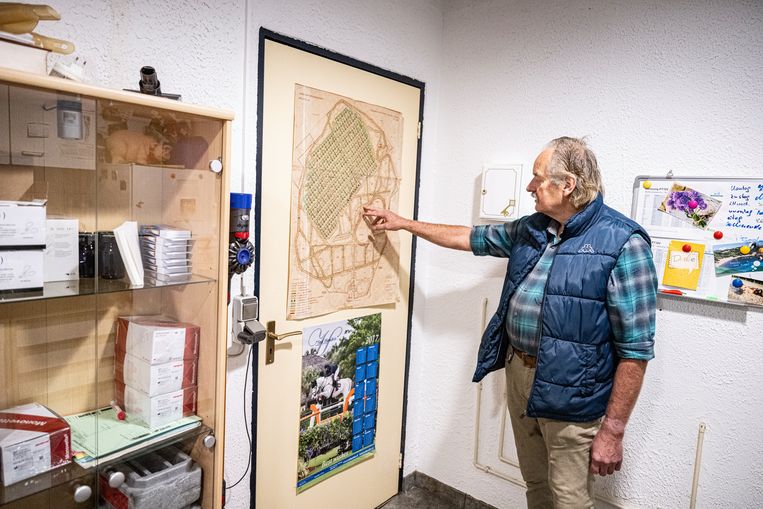 Veterinarian Riemersma points to the map where the old NATO bunkers are located in Kevelaer.  Image Koen Verheijden