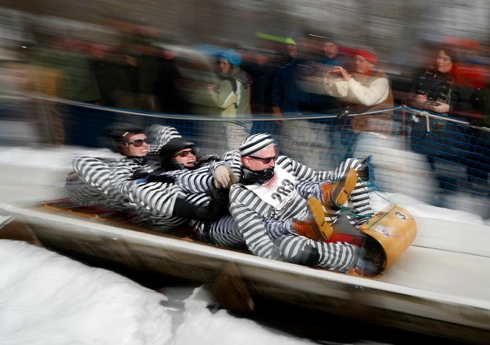 Tijdens de Amerikaanse ‘Tobboggan Championships’ in Maine knallen vierpersoons sledes de besneeuwde heuvel af onder het motto: als je maar beneden komt. Op de rodelbaan in Camden is het gebruikelijk dit in carnavalskostuum te doen. Foto Robert F. Bukaty