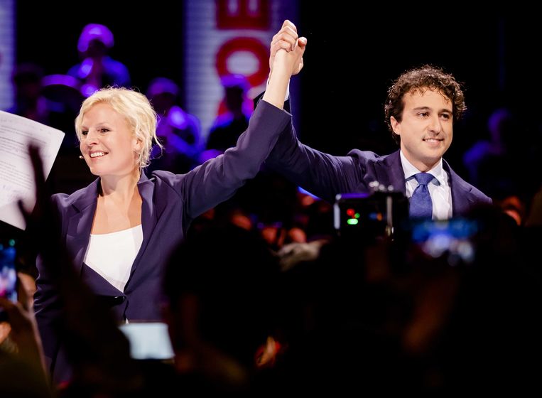 Attje Kuiken en Jesse Klaver tijdens de aftrap van de gezamenlijke campagne van GroenLinks en de PvdA Beeld ANP