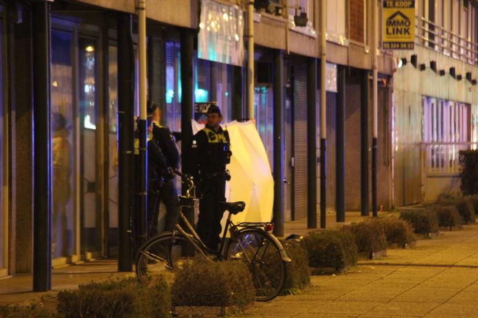 Agenten aan het flatgebouw.
