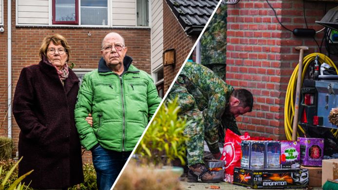 Anjo en John (61) uit Elst moeten hun huis uit, als het aan de woningbouwvereniging ligt. Rechts in beeld wordt vuurwerk op hun oprit uit een aanhanger gehaald.