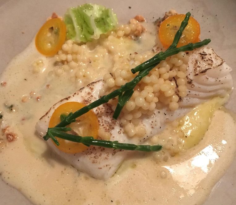 Gebrande heilbot met couscous en lemon curd. Beeld Mac van Dinther