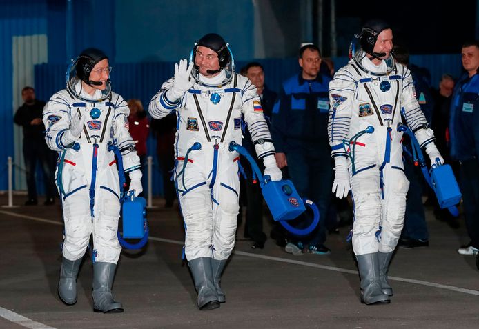 Astronauten Christina Koch, Nick Hague en Aleksej Ovtsjinin.
