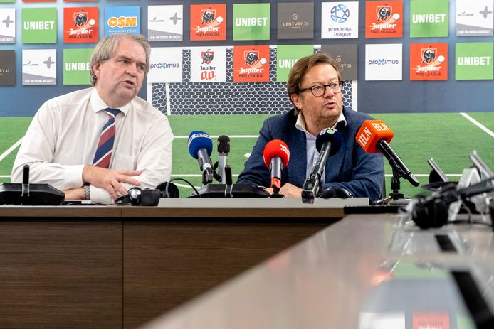 Pro League CEO Pierre Francois and Pro League chairman Marc Coucke talk during a press conference after a meeting of the board of directors of the Pro League, in Brussels, Wednesday 17 October 2018. Several suspects in a large investigation into tax evasion, money laundering and possible match fixing organised by several player agents in the Belgian soccer competition have been arrested the past days. The Pro League wants to reacts to the problem of player agents. BELGA PHOTO HATIM KAGHAT