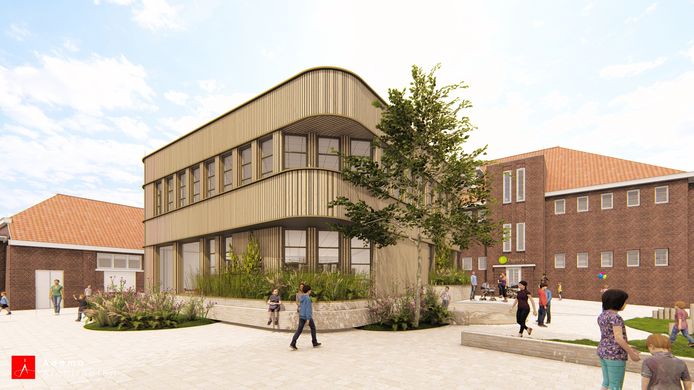 De nieuwbouw op het plein van de basisschool.
