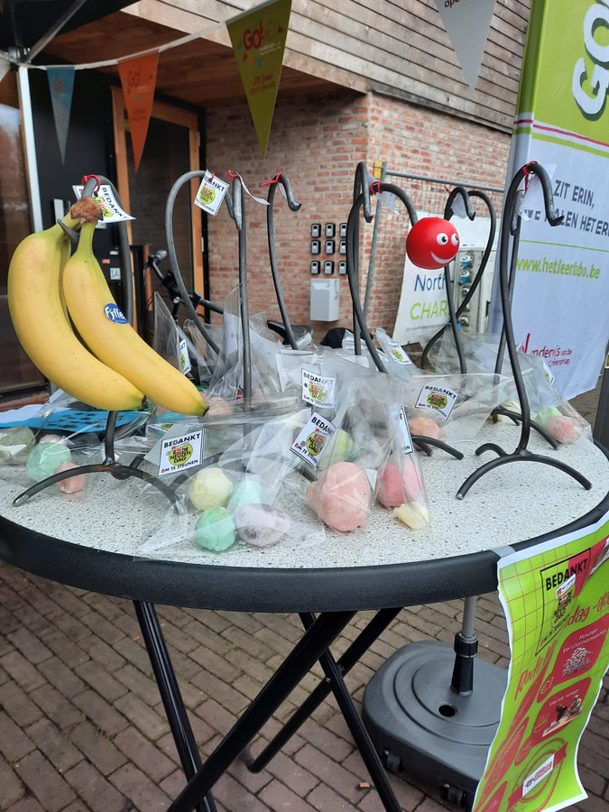 Leerlingen van Het Leerlabo verkopen zelfgemaakte spulletjes op de markt ten voordele van Rode