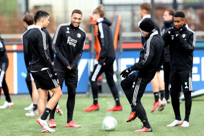 Naoufal Bannis, Cyriel Dessers, Joao Teixeira en Reiss Nelson (vlnr) mogen het vanavond laten zien bij Feyenoord.