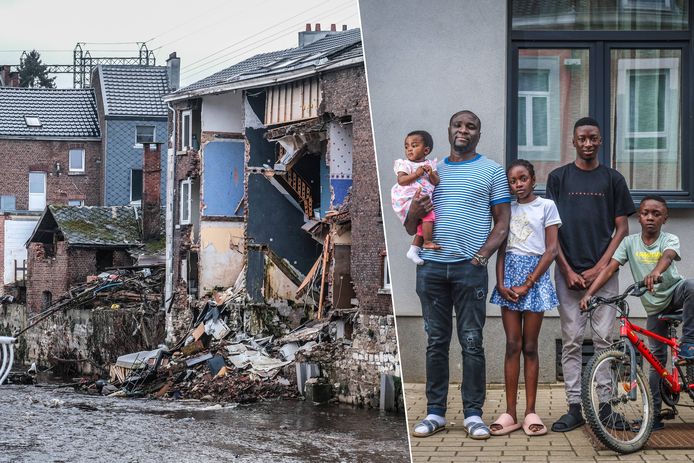 Links: net na de overstromingen. De zwaarst ingestorte huizen werden afgebroken. Rechts: Moumouni (56) en zijn gezin, die nog de enige bewoners zijn in een verwoeste huizenrij.