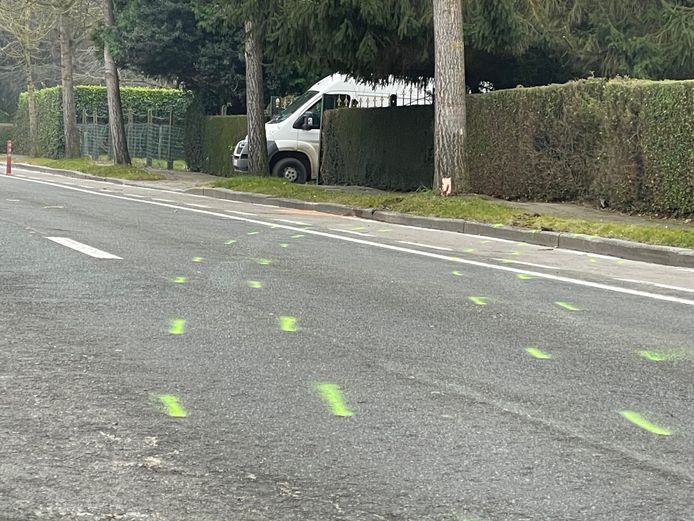 De bandensporen op het wegdek van de Meiboomlaan tonen het traject van de Peugeot.