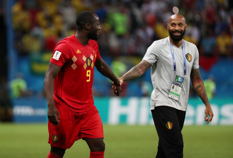 Romelu Lukaku en Thierry Henry tijdens het WK van 2018. Beeld REUTERS