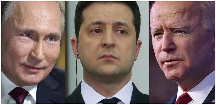 Le président russe Vladimir Poutine, le président ukrainien Volodymyr Zelensky et le président américain Joe Biden.