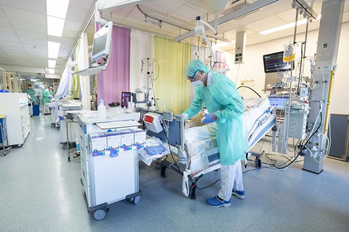 Verplegend personeel bij een coronapatient op de IC-afdeling van het Maastricht UMC.Ffoto ter illustratie.