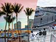 De haven en de skyline van Miami (l) en de niet gevulde tribunes van het circuit op de vrijdag (r).