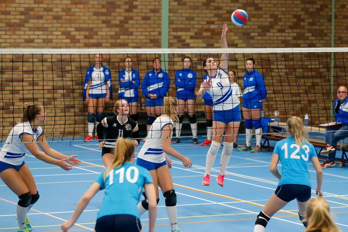 De volleybalsters van DVO actief in sporthal't Paradijs, die onveilig zou zijn om te sporten