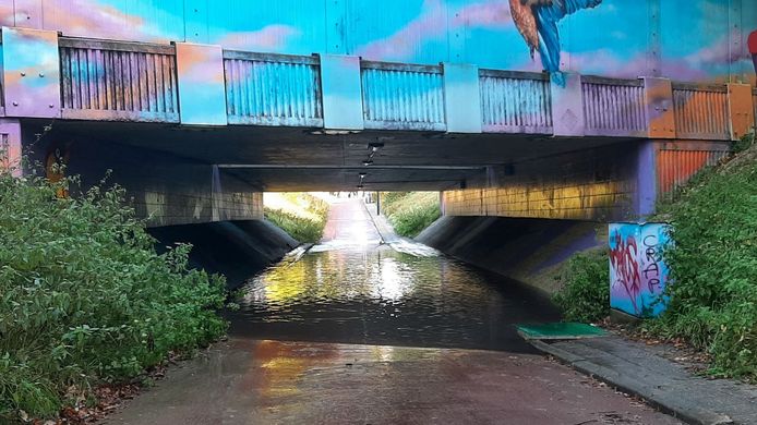 Het regenwater van de afgelopen dagen heeft de fietstunnel blank gezet.