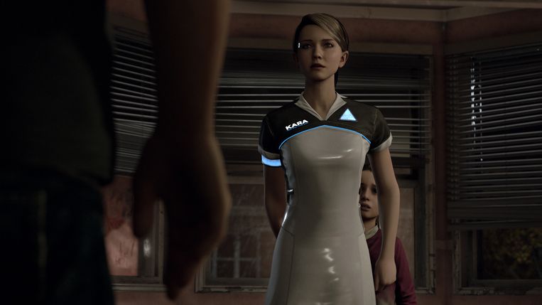 Een van de androïden die u kunt besturen in de nieuwe game 'Detroit: Become Human' keert zich tegen haar eigenaar, die zijn achtjarige dochter mishandelt. Is ze nu 'mens' aan het worden? Het is een van de vragen die de game u helpt te stellen. Beeld Quantic Dream