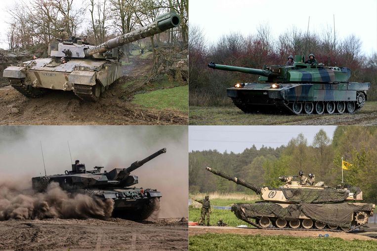 Van linksboven met de klok mee: een Britse Challenger,  een Franse Leclerc, een Duitse Leopard en een Amerikaanse Abrams-tank.  Beeld AFP