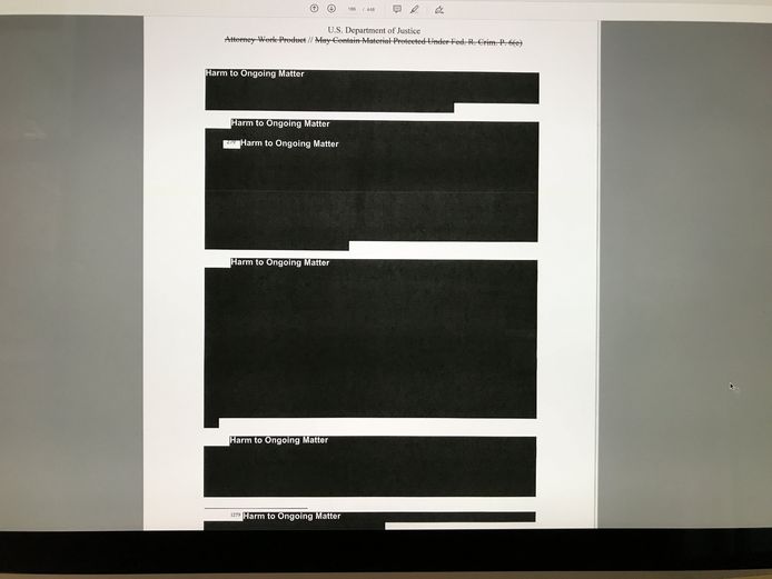 Een geredigeerde pagina van het uiteindelijk vrijgegeven Mueller-rapport.