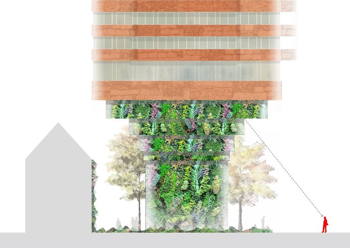 Woontoren De Nieuwe Eindhoven, op het parkeerplaatsje op de hoek Vestdijk/Raiffeisenstraat in Eindhoven.