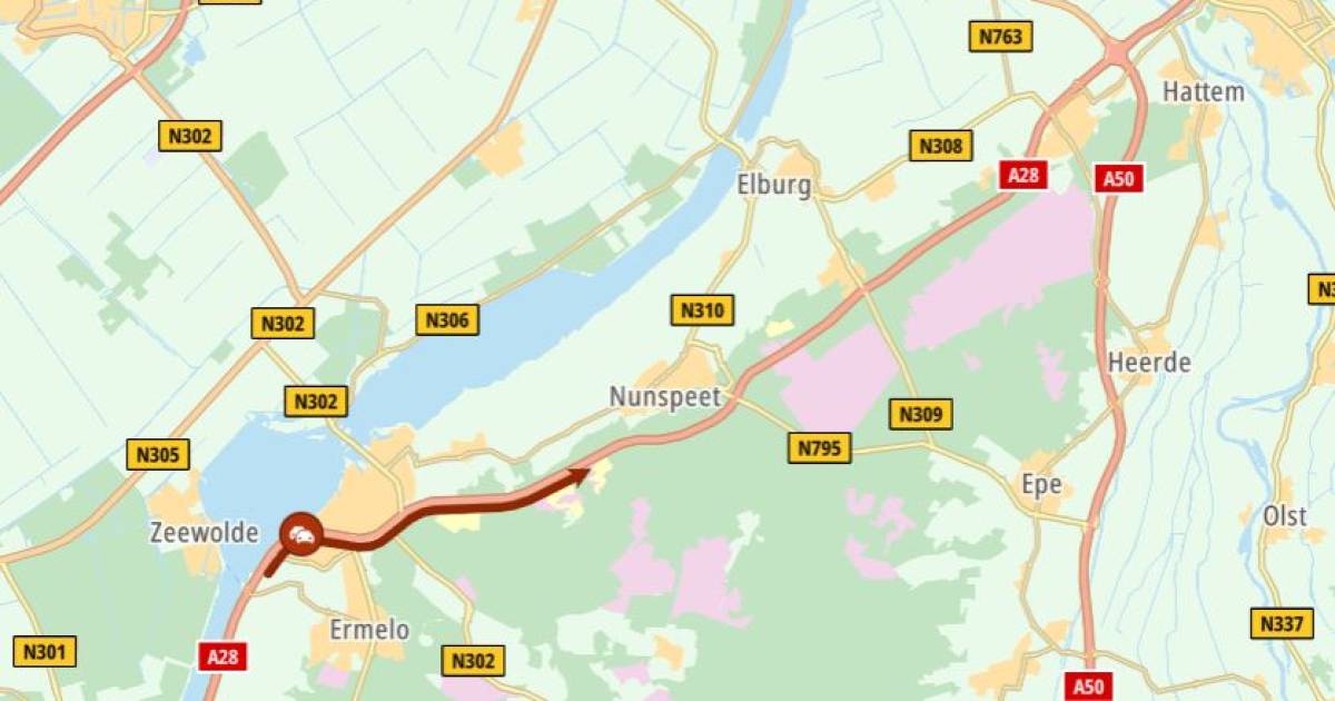 Ongeluk A28 tussen Amersfoort en Zwolle: rijstrook dicht en 16 kilometer file.