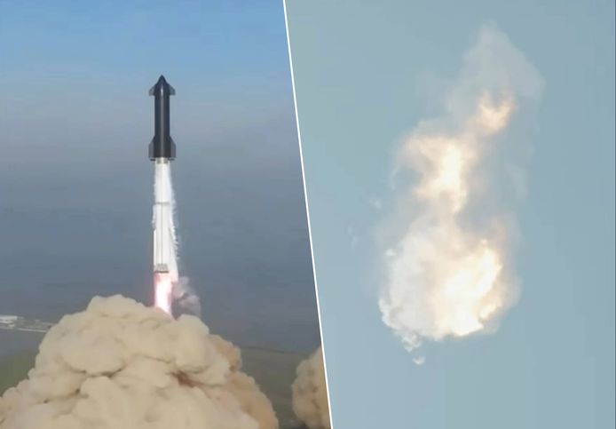 Links de lancering van Starship, rechts een beeld van de ontploffing.