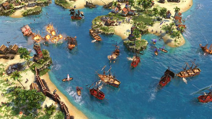 Screenshot uit Age of Empires III: Definitive Edition. Een zeeslag ziet er spectaculair uit.