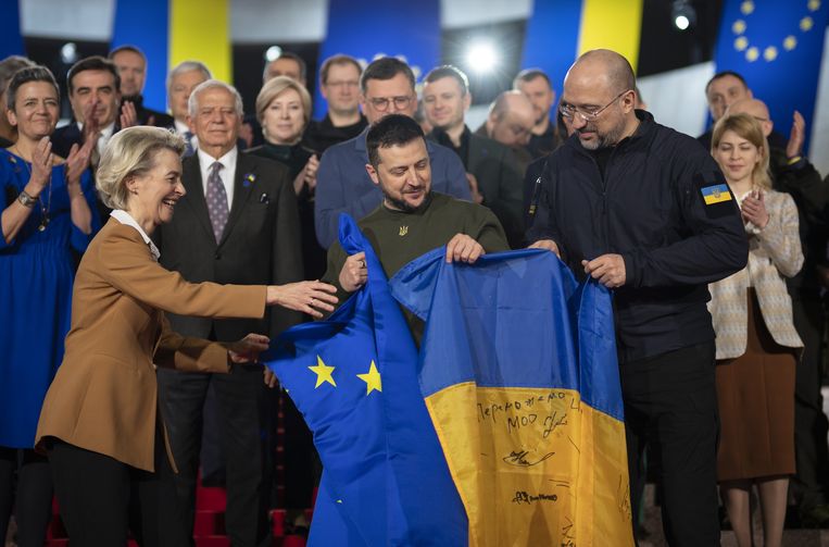 Tijdens de EU-Oekraïne-bijeenkomst in Kiev werden afspraken gemaakt over een nieuw 'agressie-instituut' in Den Haag.  Beeld ANP / EPA