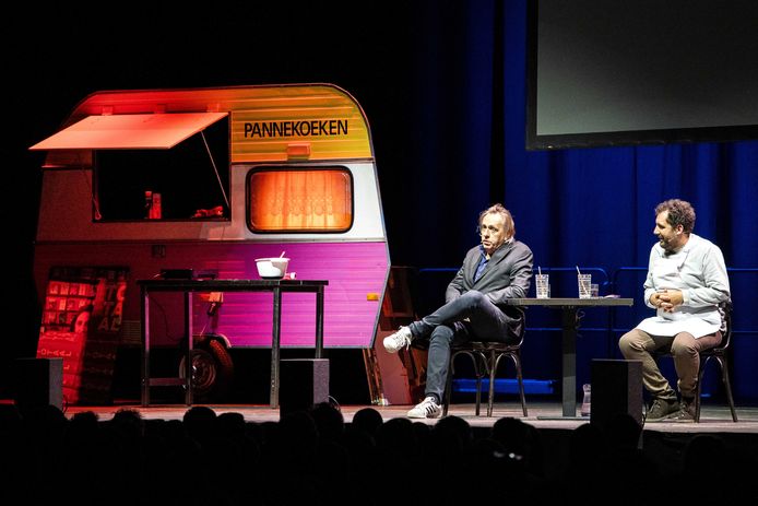 Marcel van Roosmalen and Gijs Groenteman during the last performance of their theater show De Pannekoekencaravan in AFAS Live.