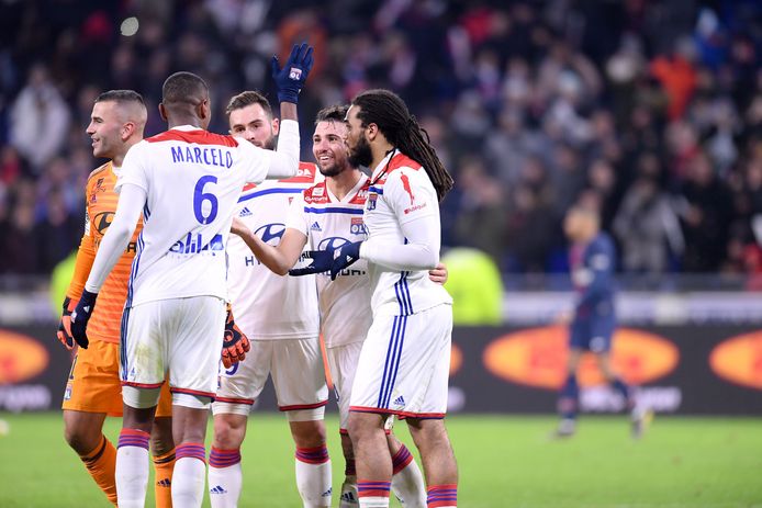 JOIE - 05 JASON DENAYER (OL) - 01 ANTHONY LOPES (OL) - 14 LEO DUBOIS (OL) FOOTBALL : Lyon vs Paris SG - Ligue 1 Conforama - 03/02/2019 © PanoramiC / PHOTO NEWS PICTURES NOT INCLUDED IN THE CONTRACTS  ! only BELGIUM !