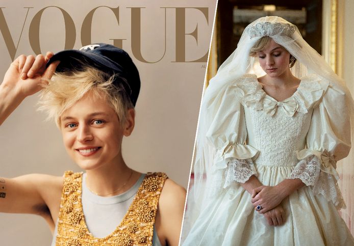Emma Corrin op de cover van Vogue en in 'The Crown' als prinses Diana.